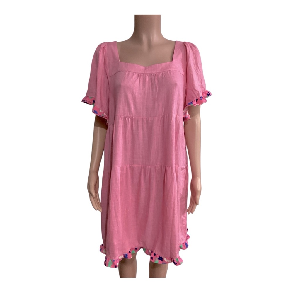 Umgee NWOT Linen Blend Tiered Mixed Media Dress Ruffle Sleeve Size XL - Picture 6 of 9